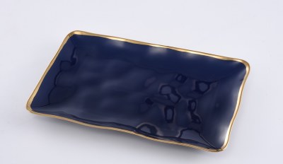 10" x 16" Navy With Gold Trim Ceramic Rectangular Serving Tray by Pampa Bay