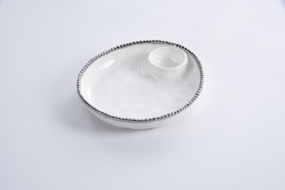 9" Round White With Silver Bead Trim Ceramic Chip & Dip Server by Pampa Bay
