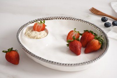 9" Round White With Silver Bead Trim Ceramic Chip & Dip Server by Pampa Bay