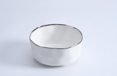 8" Round White With Silver Trim Ceramic Serving Bowl by Pampa Bay