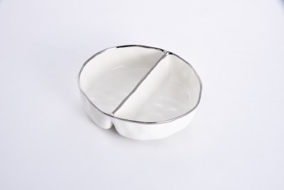 9" Round White With Silver Trim Ceramic Double Compartment Serving Bowl by Pampa Bay
