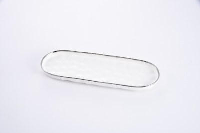 14" Oval White With Silver Trim Ceramic Serving Tray by Pampa Bay
