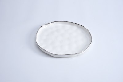 13" Round White With Silver Trim Ceramic Serving Tray by Pampa Bay