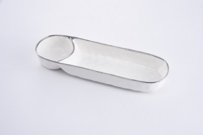 17" Oval White With Silver Trim Ceramic Chip & Dip Server by Pampa Bay