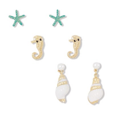 Set of 3 Gold Tone and Resin Starfish, Seahorse and Shell Drop Earrings With Pearl Accents