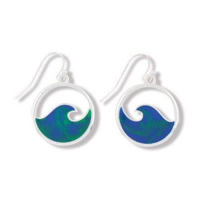 Silver and Blue Green Enamel Inlay Circle Wave Earrings