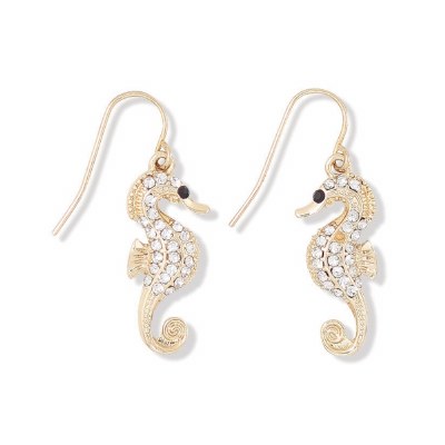 Gold Tone and Crystal Studded Seahorse Earrings