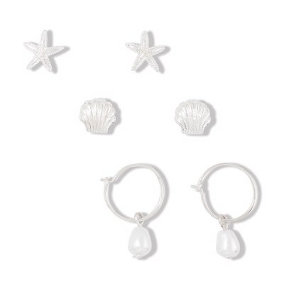 Set of 3 Silver Starfish, Shells, and Pearl Drop Hoops Earring Set