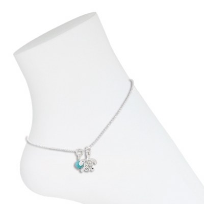 Silver Anklet With Crystal Studded Turtle and Turquoise Charms