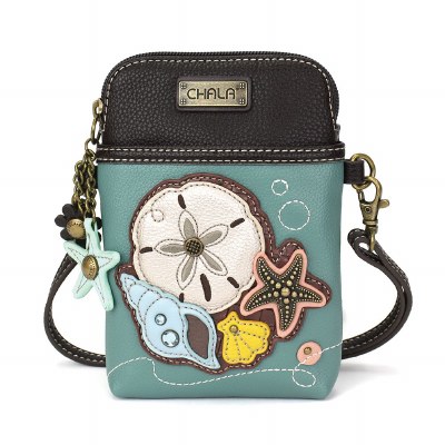 8" Teal and Brown Sand Dollar Cellphone Crossbody Purse