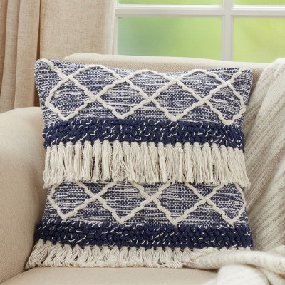 18" Square Two-toned Blue and Ivory Fringe Moroccan Pillow