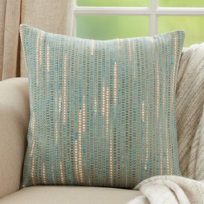 20" Square Aqua and Ivory Striped Woven Pillow
