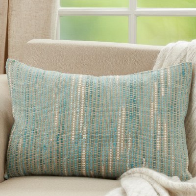 16" x 24" Aqua and Ivory Striped Woven Pillow