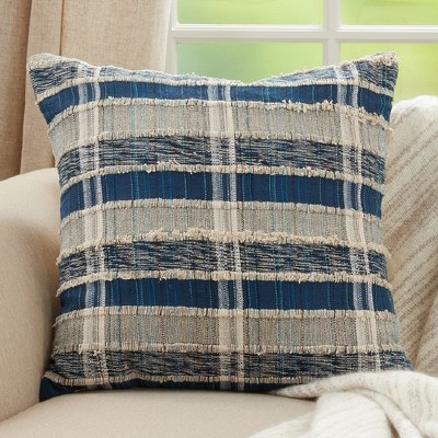 22" Square Blue and Natural Striped Woven Pillow