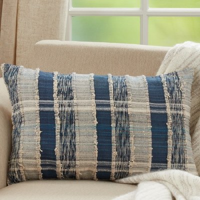 16" x 24" Blue and Natural Striped Woven Pillow