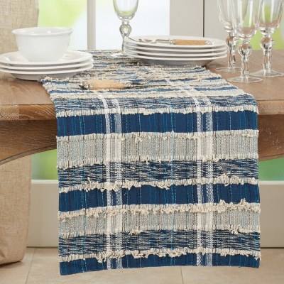 16" x 72" Blue and Natural Striped Woven Table Runner