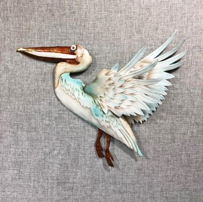 16" Distressed White and Aqua Capiz With Metal Flying Pelican Wall Plaque