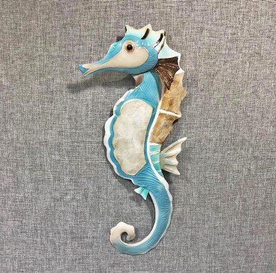 17" Aqua and Natural Capiz With Metal Seahorse Wall Plaque