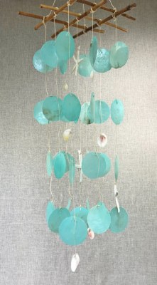 24" Turquoise Capiz Disks and White Starfish and Shells Wind Chime