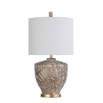 28" Beige and Gold Palm Frond Molded Jar Lamp