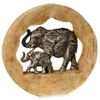 14" Round Mother and Child Elephant Metal and Wood Sculpture