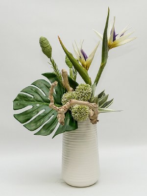 27" Faux White Bird of Paradise and Allium Arrangement in White Ribbed Vase