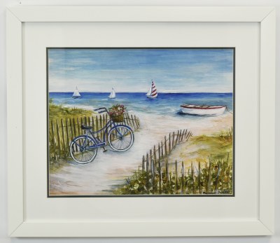 24" x 28" Red, White, and Blue Beach Bike Ride 2 Coastal Framed Print Under Glass