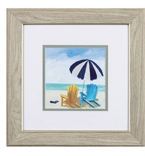 13" Square Multicolor Adirondack Beach Chairs Under Blue Striped Umbrella in Wood Frame Under Glass