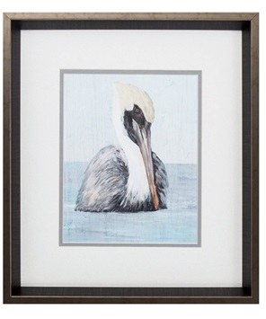 17" x 15" White and Gray Pelican Portrait With Brown Frame Under Glass