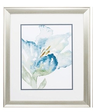 22" x 19" Blue Watercolor Left Facing Tulip in Silver Frame Under Glass