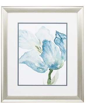 22" x 19" Blue Watercolor Right Facing Tulip With Silver Frame  Under Glass