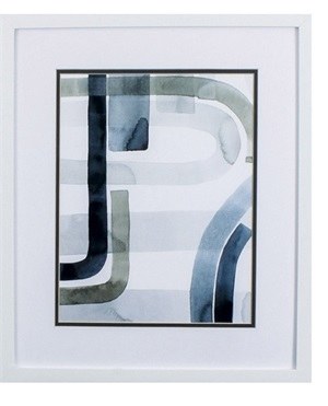 20" x 17" Dark Blue and Gray Abstract Cool Swoops in White Frame Under Glass