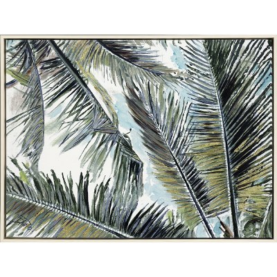 38" x 50" Green and Blue Palms In The Sky Canvas Wall Art in Whitewashed Floater Frame