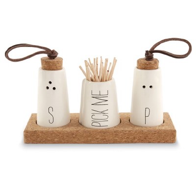 2" x 6" Cork Display Tray With White Ceramic Salt & Pepper Shakers and Pick Me Toothpick Holder by Mud Pie