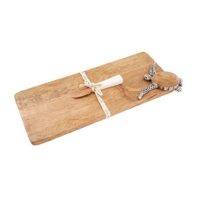 7" x 17" Wood and Distressed Silver Turtle Serving Board With Enamel Dipped Spreader by Mud Pie