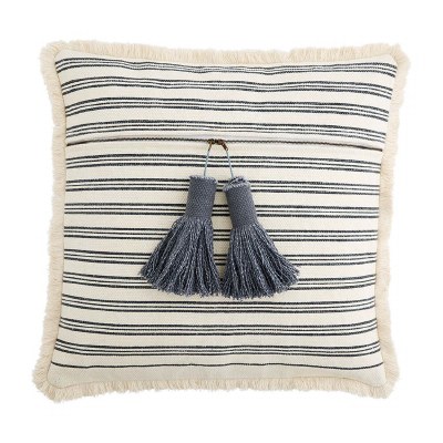 20" Square White and Dark Blue Cotton Striped and Tasseled Pillow by Mud Pie