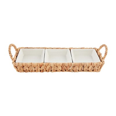 16" Water Hyacinth Serving Tray With Three Removable Stoneware Serving Dishes by Mud Pie