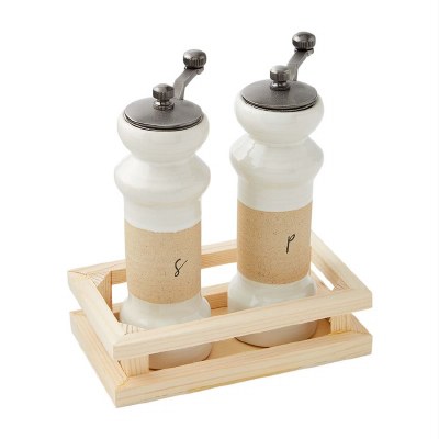 6" White and Tan Salt & Pepper Grinders With Wood Tray by Mud Pie