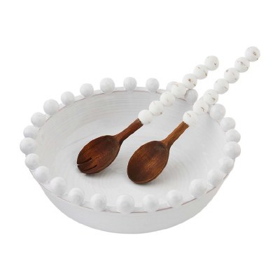 13" Round White Beaded Serving Bowl With Wood Beaded Serving Utensils by Mud Pie