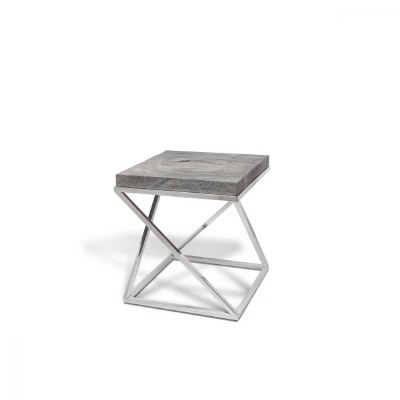 15" Square Grey Stone Side Table With Stainless Steel Cross Legs