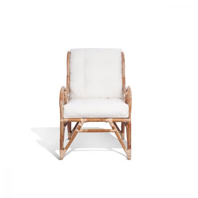 36" Rattan Chair With Webbed Sides and White Tufted Cushions