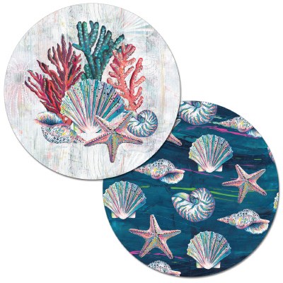 14" Round White and Blue Jewels Of The Sea Reversible Placemat