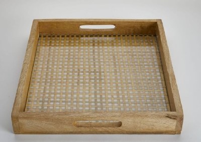 14" Square Light Wood and Cane Serving Tray With Handles