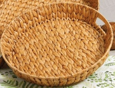16" Round Water Hyacinth Woven Round Tray With Handles