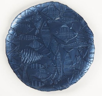 13" Round Dark Blue Glass Fish Pattern Platter