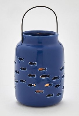 8" Blue Ceramic School of Fish Cutout Lantern