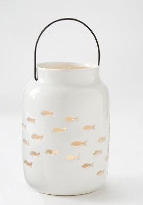 8" White Ceramic School of Fish Cutout Lantern