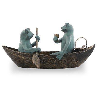 21" Verdigris and Bronze Metal Frogs Rowboat Picnic Sculpture