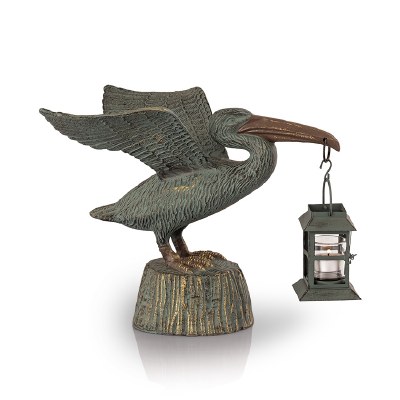 11" Verdigris Metal Pelican Holding a Candle Lantern