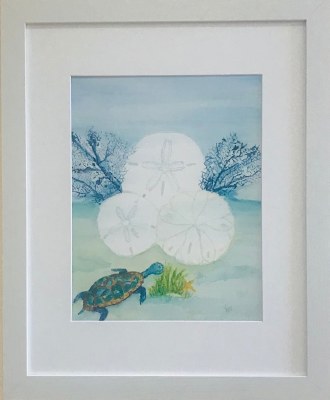 16" x 13" White Sand Dollat and Sea Turtle White Framed Wall Art Under Glass